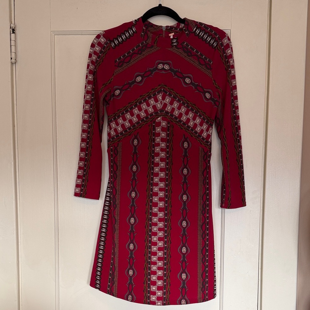 Free People Stella Mini Dress, Red/Crimson Ivory Geometric Long-Sleeve Dress Sm